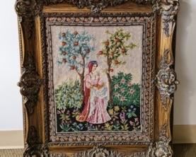Framed Needlepoint Tapestry in a beautifully detailed frame. Measures 26” x 30”.