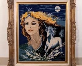 Framed Needlepoint Tapestry. Fun fairy and unicorn design! Measures 26” x 30”.