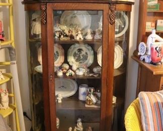Beautiful Antique Oak Curved Glass Display Curio Cabinet 