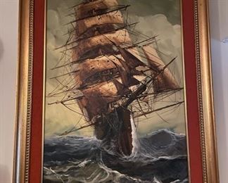 Large Signed and Framed Privateer Painting 