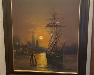 Framed Battleship Painting Singed J. Basman
