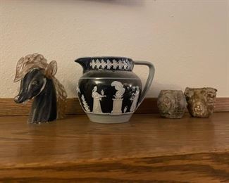 Small Trinkets,  Collectables, Antique Copeland Late Spode Cobalt Blue Ceramic Jasperware Pitcher Greek Mythology Pitcher