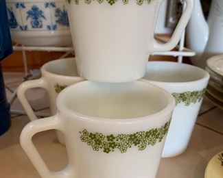 Set of 4 Vintage 1970's Pyrex Green Spring Blossom, Crazy Daisy, Milk Glass, D Handle Mugs