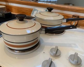 Vintage Regal Ware Saucepans Cream w/ Black & Brown Stripe