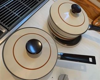 Vintage Regal Ware Saucepans Cream w/ Black & Brown Stripe