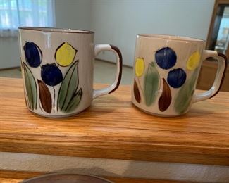 Korea COTC Coffee Mugs Cups Brown w/ Flowers Vintage Glazed Stonewear