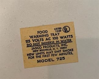 Jasco Warming Tray Model 725