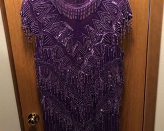 Vintage Lawrence Kazar Purple Flapper Style Beaded Fringe & Sequin Silk Dress