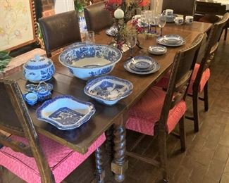 Long antique barley twist English oak table and chairs