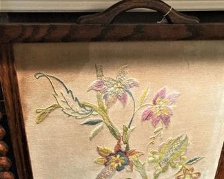 Antique embroidered fireplace screen