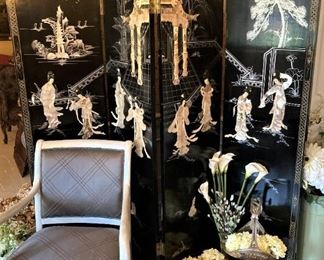 Four-panel Asian screen; one of two silver/gray arm chairs