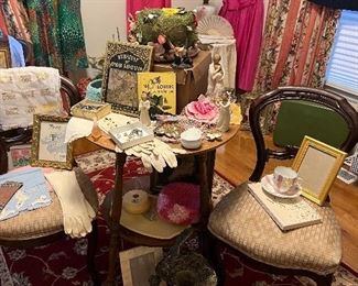 Antique chairs and vintage clothing 