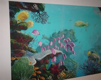 large oil on canvas undersea scene by P. Lewis