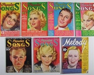 2504	6 1930s Song related magazines. Includes 5 1934 & 35 “Popular Songs”, 1 1935 “Melody” magazine. 8 ½” X 11 ½”, With Mae West & Ginger Rogers Covers.