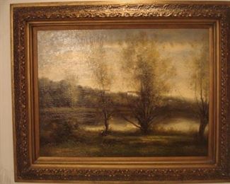Dining Room:  This artist (Gaitte) signed wooded/lake scene painting has an elaborate frame.  With the frame, it measures 52" wide x 42" tall.  (This is a reproduction after an original piece of art by GAITTE.)