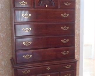 Master Bedroom-Upstairs:  The handsome cherry THOMASVILLE Highboy has a beautiful bonnet top with urn and finial over 9 drawers with brass hardware.  It measures 40" wide x 18"deep x 82" tall to the top of the finial.
