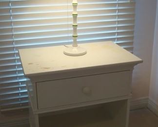Bedroom #3-Upstairs:  The CRATE & BARREL side table has one drawer and a lower shelf.  The white lamp is also for sale.