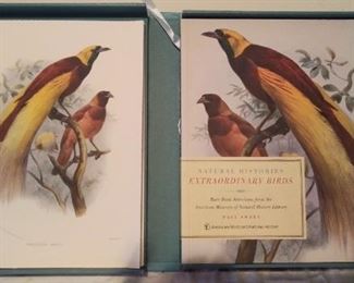 "Smalls" Area:  The "Extraordinary Birds" boxed set is open to reveal a large selection of bird plates on the left and the essay book on the right.