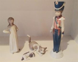 "Smalls" Area:  Four LLADRO porcelain figures are each individually priced:  Girl Stretching; Attentive Cat; Resting Dog; and Cadet (12-1/2" tall).