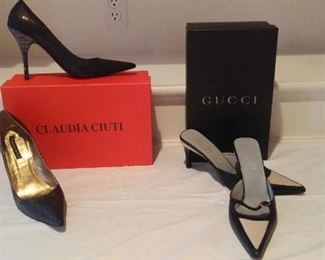 "Smalls" Area:  These like-new designer shoes come with their original boxes:  the Italian made CLAUDIA CIUTI pumps are a size 8; and the black/oyster GUCCI slides are a size 7.5 (original price on box shows $375).