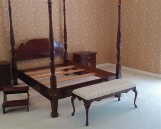 Master Bedroom-Upstairs:  A handsome cherry THOMASVILLE four-poster queen-size bed; a pair of cherry THOMASVILLE side chests; a bed stool; and a neutral upholstered bench are all for sale and separately priced.  Closer photos follow.
