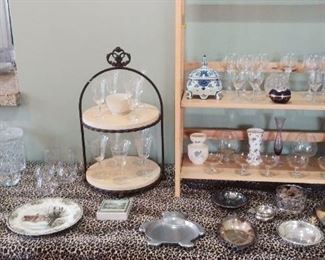 Living Room:  Miscellaneous glassware, porcelain, and silver-plate is displayed among a two-tier server.
