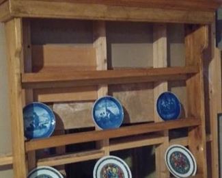 Lower Level-Storage Room:  This pine wall plate shelf would look great with the pine table in the kitchen. 
It measures 43" wide x 46" tall x 5" deep and has three plate shelves.