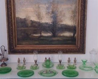 Dining Room:  Green depression glass in the CAMEO pattern is shown with a few pieces of vintage green Vaseline glass.  Mingled among them are silver-plate salt & pepper sets, a cruet set, a pair of sterling/glass hurricanes, and a glass lidded jar.   A closer photo of the art follows.