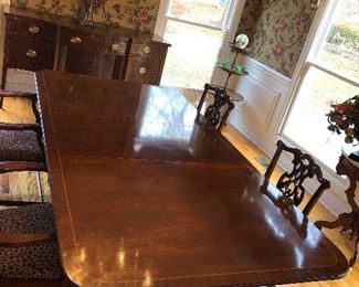 Dining Room: The BAKER "Historic Charleston" banded mahogany dining table has a double pedestal base (see next photo), and brass cap feet on brass casters.  It measures  67" x 46" + two 20" leaves. Custom table pads are included.
