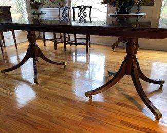 Dining Room: The BAKER dining table has two pedestal bases with four legs on each.  Notice the brass cap feet and brass casters.