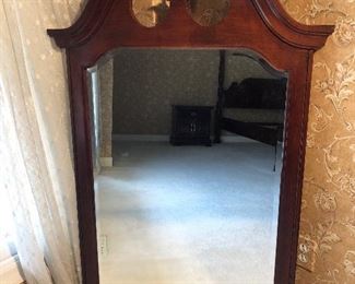 Master Bedroom:  The cherry THOMASVILLE wall mirror has a similar bonnet top design as the highboy.  It would pair well with the dresser just shown or used with another piece as it is priced separately.  It measures 31" wide x 51" to the top of the finial.