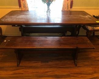 Matching solid pine Ethan Allen trestle table and 2 benches