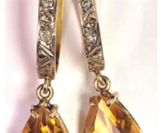 18k diamond hoop earrings with citrine dangle, 6.5 gms, 