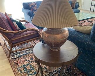 copper top table and chased copper lamp