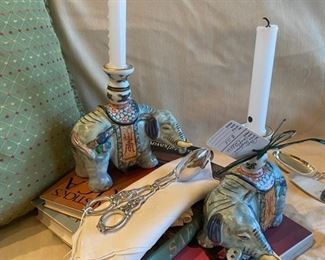 Ceramic candlesticks, sterling handle salad servers