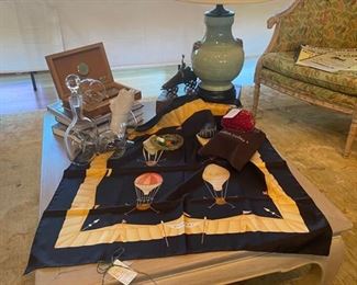 Bulgari scarf, humidor, celadon lamp, Asian style coffee table
