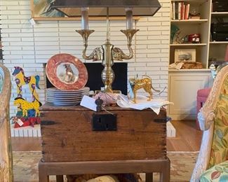 Chest on frame, brass double elephant form lamp