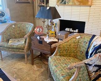 Pair upholstered and wood frame arm chairs