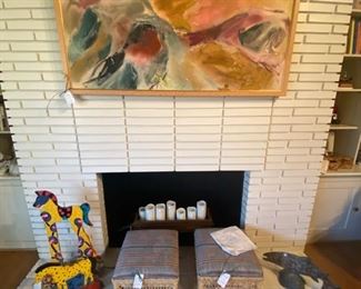 Maryann Harmon abstract oil on canvas, wicker foot stools, wooden and metal sculpture