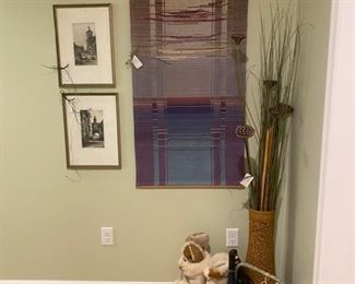 Floor vase, fur boots, etchings