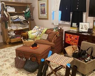 Chair and ottoman, armoire, dresser, purses to include Ferragamo, Coach, ClaireV