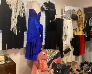 Chair and ottoman, Donna Karan formalwear, St. John suits and separates, shoes including Ferragamo, Donald Liner, Stuart Weitzman