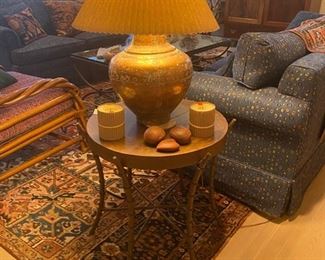 Copper top table and chased copper lamp