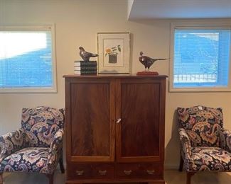 Armoire, pair upholstered arm chairs, Raku bird figurine
