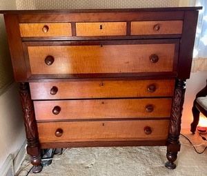 This antique tiger maple dresser in a two tone finish measures 46x46x21 inches. For the age, in overall good condition with some wear which can be seen in the photos.
