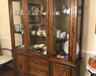 China cabinet, crystal goblets, figurines & porcelain items