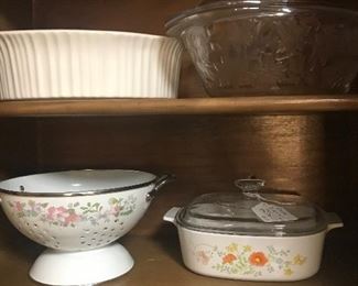 Vintage Corning Ware, colander, & cookware