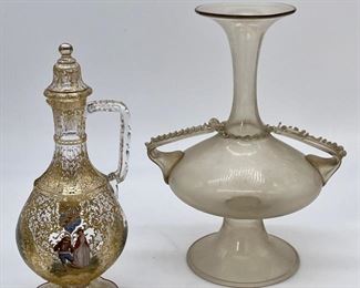 Salivate Style Venetian Glass Double Handle Vase & Gilt Bottle/Cruet