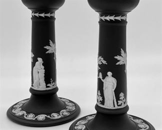 Pair of Wedgwood Black Jasperware Etruria Candlesticks