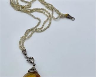 Citrine Drop Pendant on Pearl Necklace